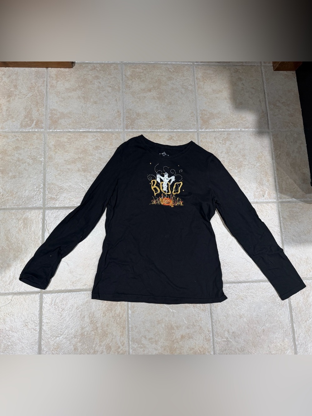 Vintage long sleeved Halloween boo ghost Black T-Shirt, Women’s Large
